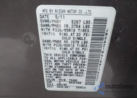 2011 Nissan Murano Sl из США, поврежденный, VIN JN8AZ1MW1BW176431